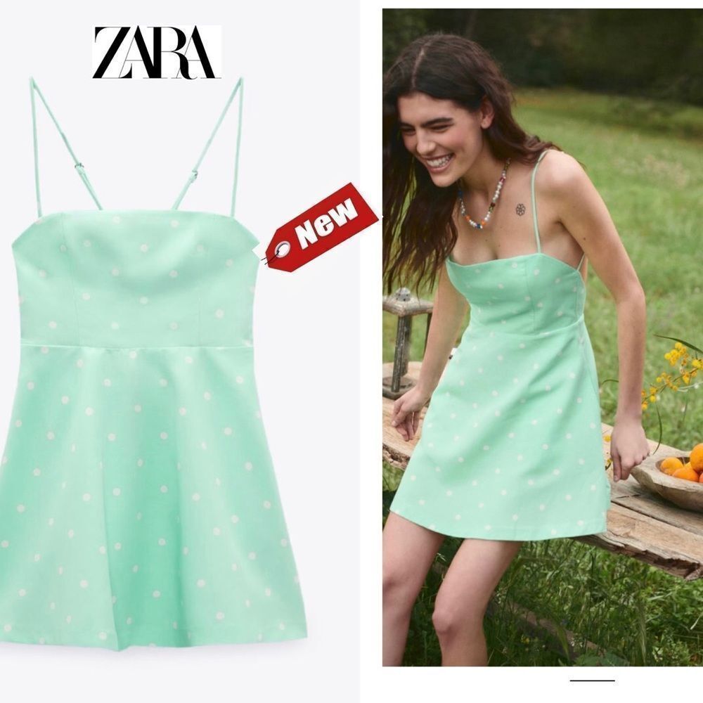 ZARA mint green white polkadot linen dress Sz L NWT
